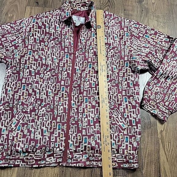 Oleg Cassini Shirt Jacket Womens Large Burgundy Geometric 100% Silk Full Zip - Picture 4 of 8
